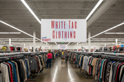 Thrift Store White Tag Clothing Ceiling Hanging Sign Lifestyle