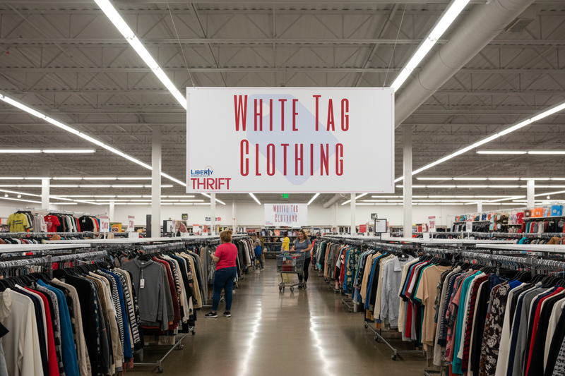 Thrift Store White Tag Clothing Ceiling Hanging Sign Lifestyle