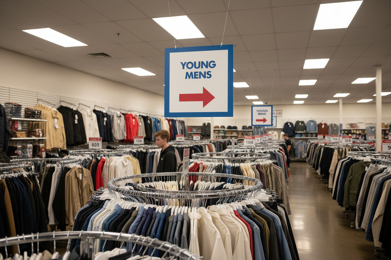 Thrift Store Young Men's Hanging Aisle Marker Sign Lifestyle