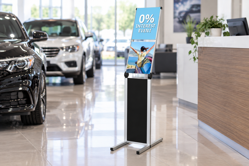 Two-pocket floor sign holder in a dealership showroom