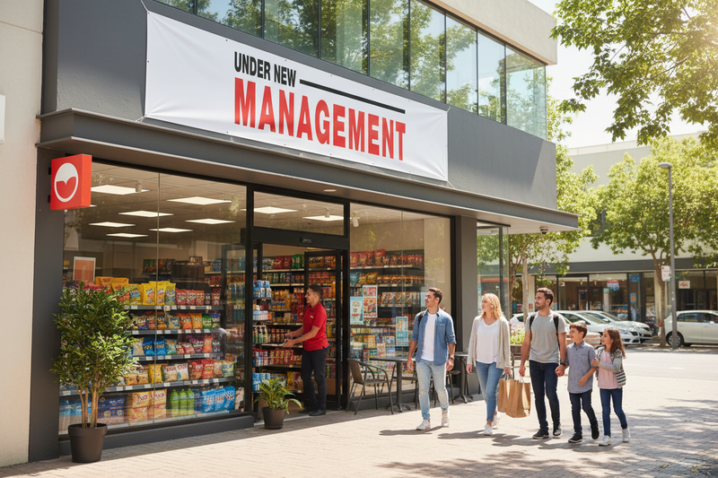 Under New Management Vinyl Banner 8x3 Retail Storefront Lifestyle