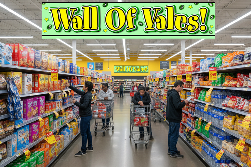 Wall of Values Vinyl Banner 8x3 Supermarket Value Aisle Lifestyle