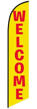 A yellow feather flag with the word 'WELCOME' in red text, designed for outdoor advertising.