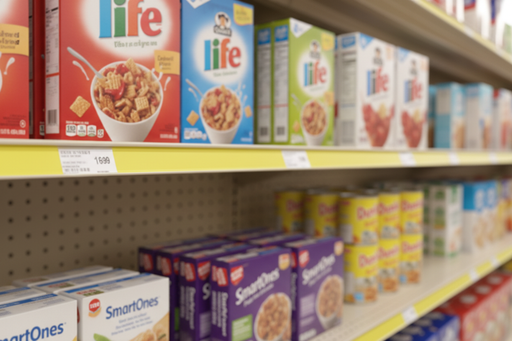 Yellow price-channel molding insert on a grocery shelf