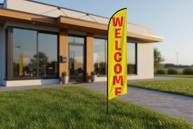 Yellow Welcome feather flag in grass
