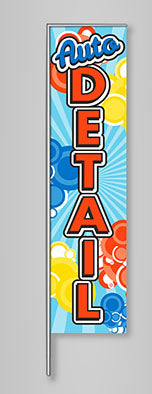 A rectangular blue feather flag with the text 'Auto Detail' and colorful graphical elements.