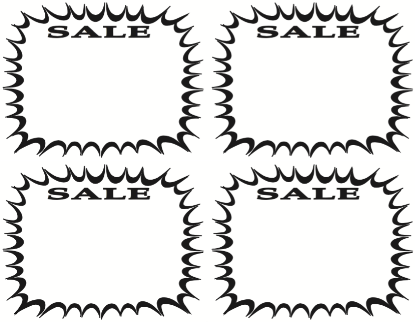 Black & White Sale Starburst Shelf Signs Price Cards-4 UP Laser- 400 signs