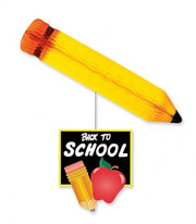 A 'Back to School' themed ceiling dangler featuring a yellow pencil and a red apple with a blackboard in the background.