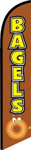 brown feather flag with yellow letters that read bagels