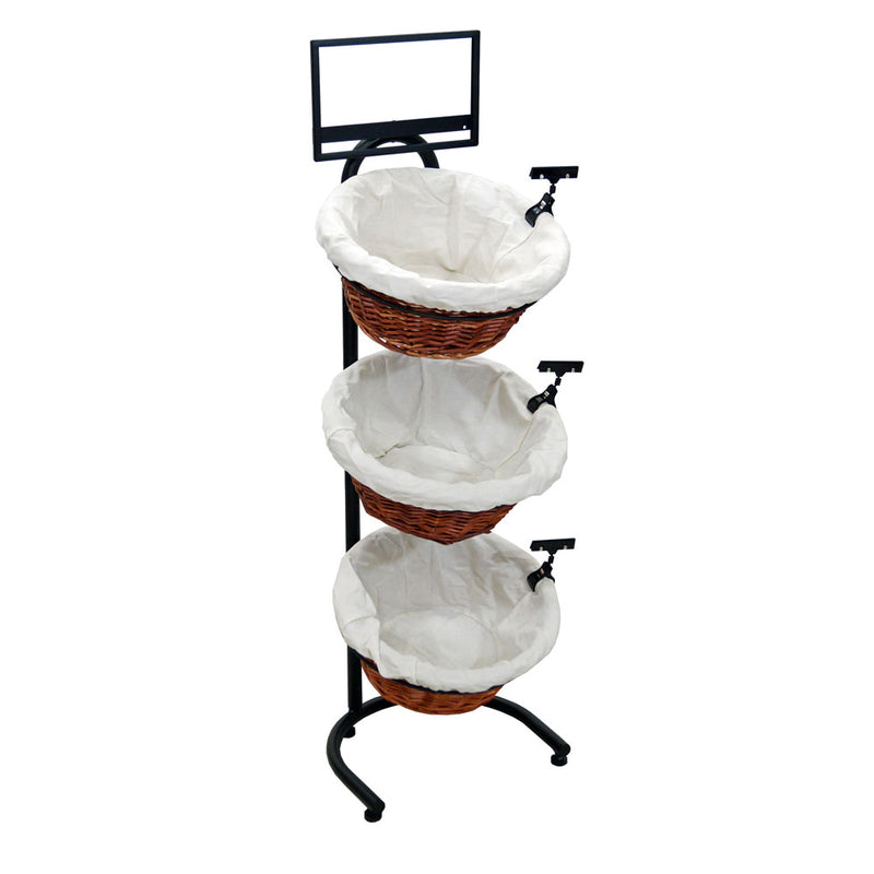Black Metal 3-Tier Basket Stand with 3 Wicker Baskets & Cloth Liners- 15 1/2"L x 8 1/2"W x 41"H
