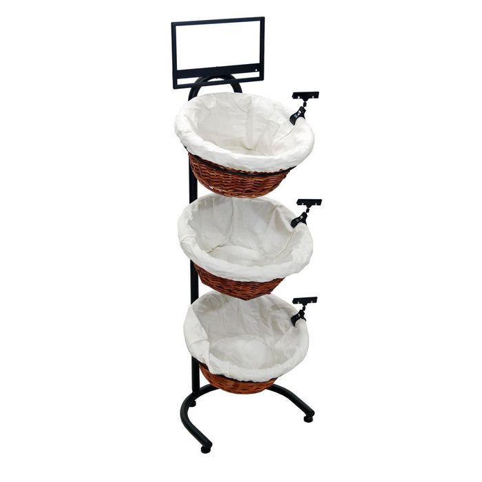 Black Metal 3-Tier Basket Stand with 3 Wicker Baskets & Cloth Liners- 15 1/2"L x 8 1/2"W x 41"H