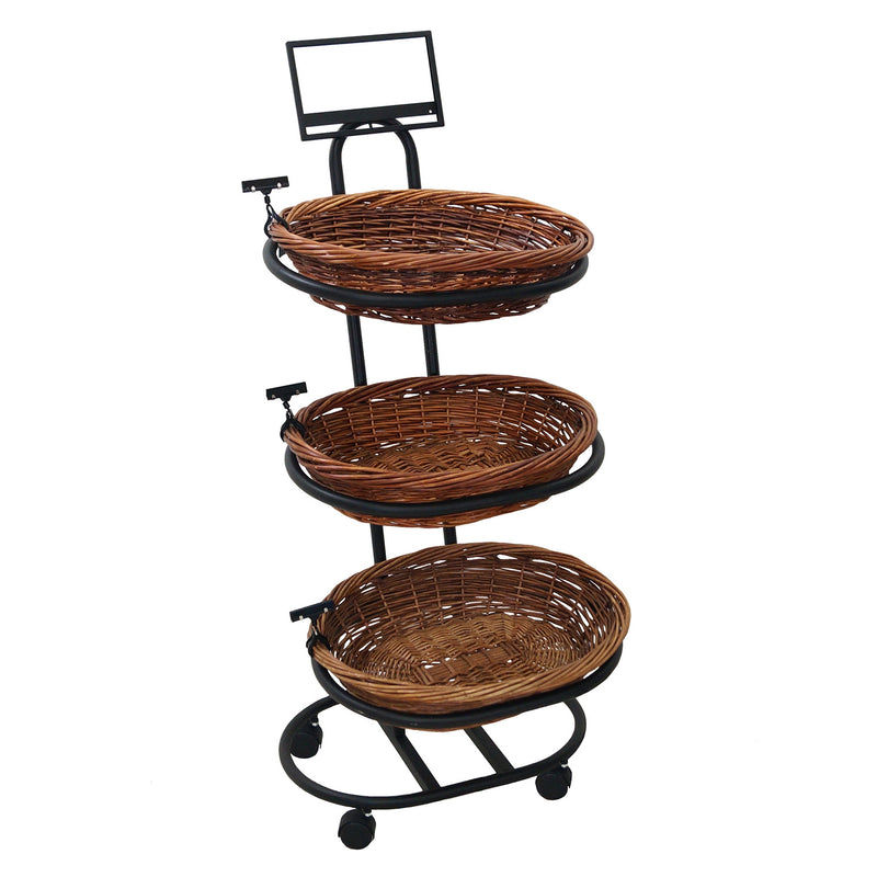 Black Metal 3-Tier Mobile Oval Wicker Basket Stand - 23"W x 56"H x 28"D