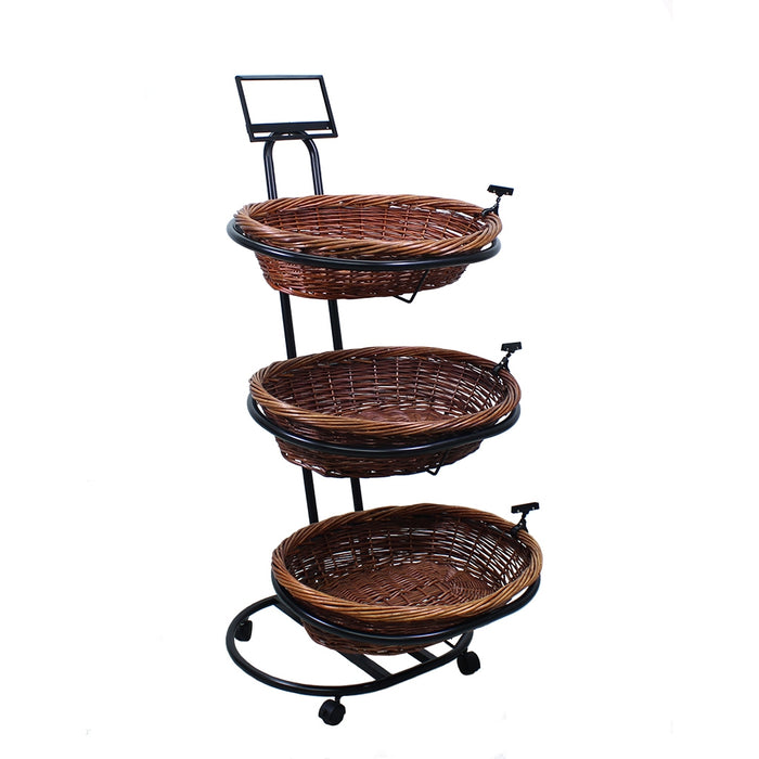 Black Metal 3-Tier Mobile Oval Basket Stand - 28"W x 61 5/8"H x 34 1/2"D