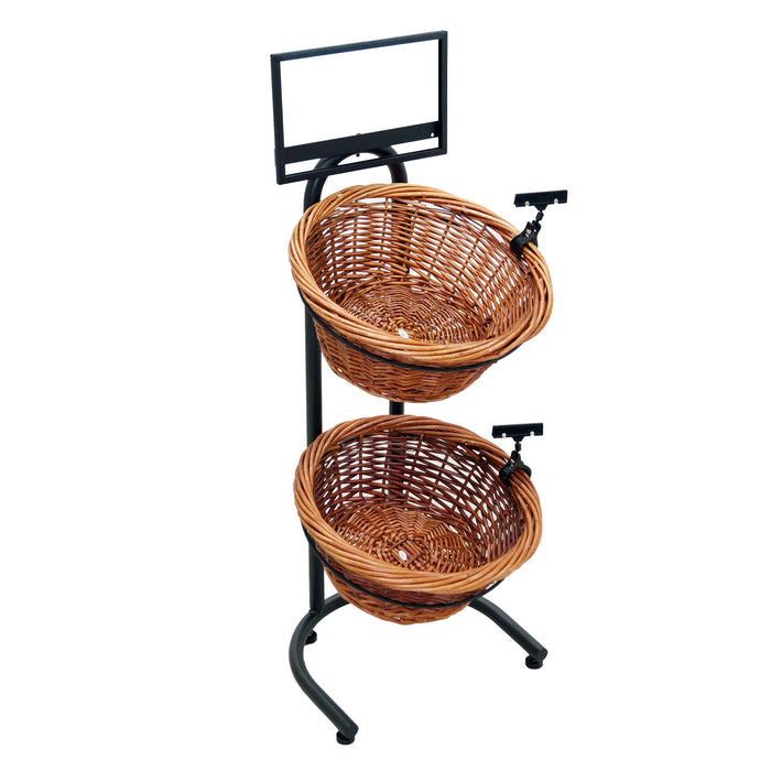 Black Metal Countertop 2-Tier Basket Stand with 2 Wicker Baskets