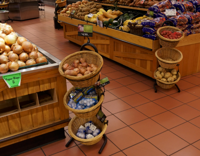 Black Metal 3-Tier Basket Stand With 3 Brown Wicker Baskets - 15 1/2"L x 8 1/2"W x 41"H