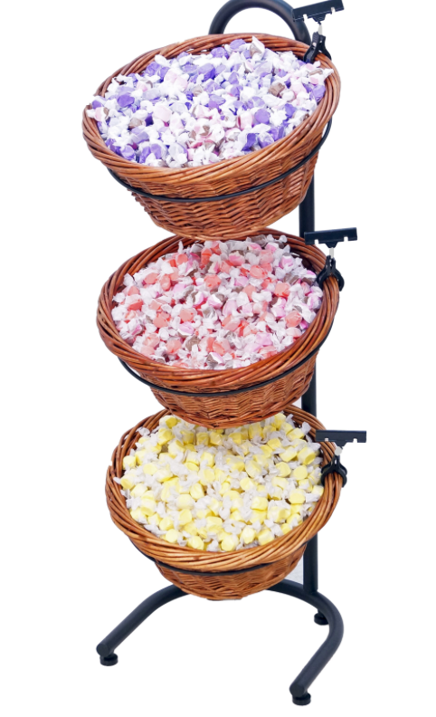 Black Metal 3-Tier Basket Stand With 3 Brown Wicker Baskets - 15 1/2"L x 8 1/2"W x 41"H