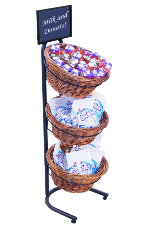 Black Metal 3-Tier Basket Stand With 3 Brown Wicker Baskets - 15 1/2"L x 8 1/2"W x 41"H