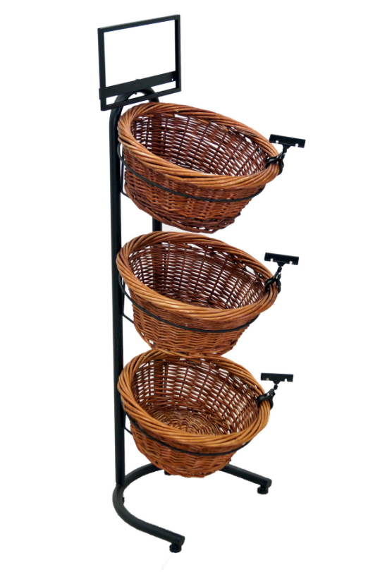 Black Metal 3-Tier Basket Stand With 3 Brown Wicker Baskets - 15 1/2"L x 8 1/2"W x 41"H