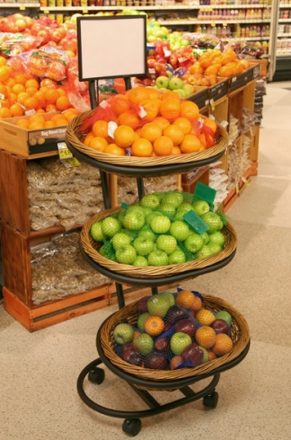 Black Metal 3-Tier Mobile Oval Basket Stand with Mesh Liners- 23"W x 56"H x 28"D