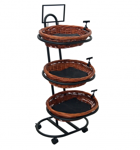 Black Metal 3-Tier Mobile Oval Basket Stand with Mesh Liners- 23"W x 56"H x 28"D