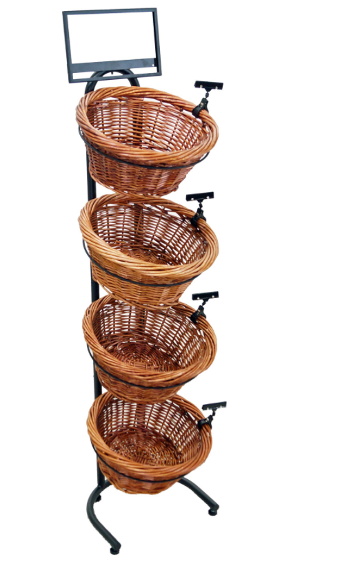 Black Metal 4-Tier Basket Stand With 4 Brown Wicker Baskets - 15 1/2"L x 16"W x 51"H
