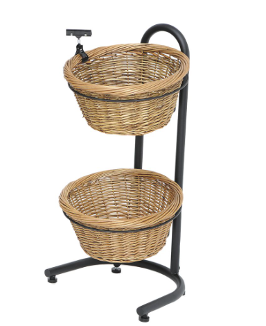 Black Metal Countertop 2-Tier Basket Stand with 2 Brown Wicker Baskets & Liners