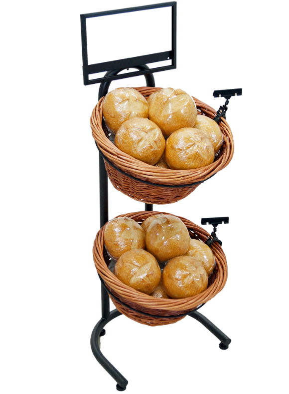 Black Metal Countertop 2-Tier Basket Stand with 2 Brown Wicker Baskets & Liners