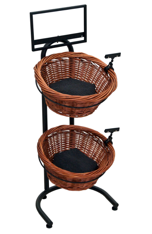 Black Metal Countertop 2-Tier Basket Stand with 2 Brown Wicker Baskets & Liners