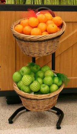 Black Metal Countertop 2-Tier Basket Stand with 2 Brown Wicker Baskets & Liners