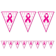 A set of pink ribbon pennants with a breast cancer awareness theme, designed for indoor and outdoor use.