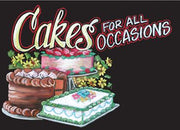 A colorful bakery sign featuring text 'Cakes for all occasions' with illustrations of three cakes and decorative elements like strawberries and leaves.