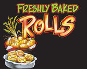 A chalkboard-style bakery sign that reads 'Freshly Baked Rolls' with an image of baked rolls in a basket.