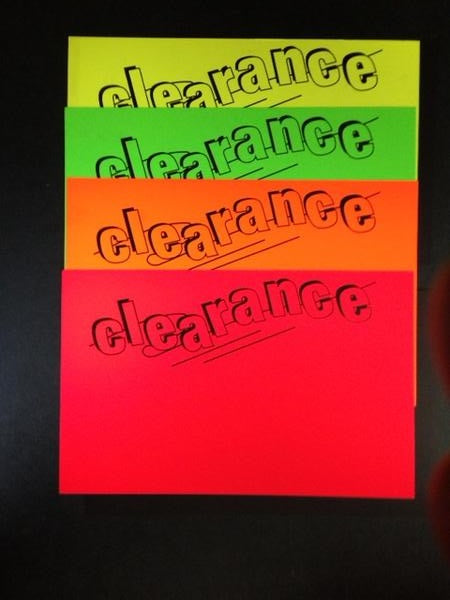 Clearance Shelf Signs-Price Cards-Fluorescent Rainbow Pack- 11"W x 7"H -100 price cards