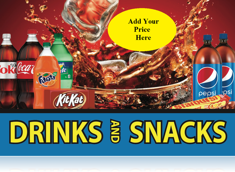 Ceiling Dangler Mobile Sign-Drinks & Snacks-Custom Price