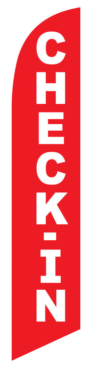 red feather flag with white letters that read check-in