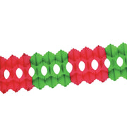 A Christmas display garland made up of red, green, and white plastic pieces, interconnected to form a longer chain.