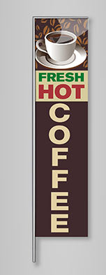 A rectangular brown feather flag with the word 'COFFEE' written in bold white letters, indicating a coffee-themed business.