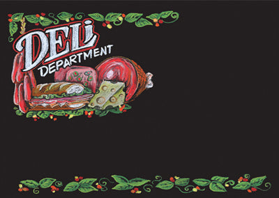 A chalkboard-style deli sign featuring illustrations of a sandwich, meat, and cheese with green leaves and red cherries on the sides.