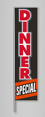 A rectangular feather flag with a red and white color scheme, featuring the text 'Dinner Specials' in bold letters.