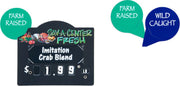 A double-sided farm raised and wild caught dial tag topper sign with a green and black color scheme, displaying numbers and text.