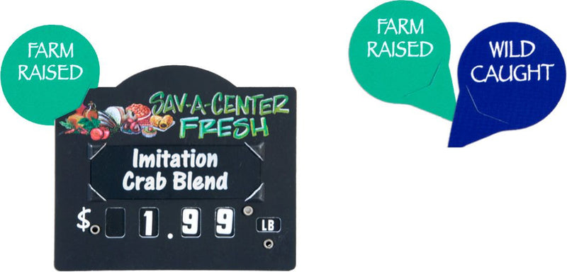 A double-sided farm raised and wild caught dial tag topper sign with a green and black color scheme, displaying numbers and text.