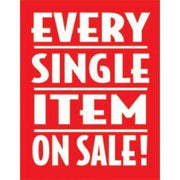 A red and white 'Every Single Item on Sale' retail price sign.