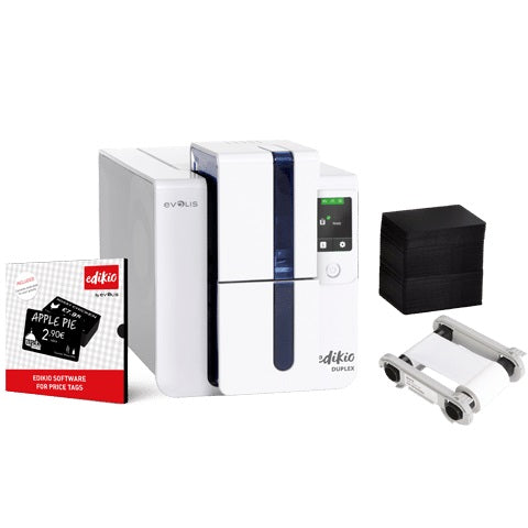 Edikio Duplex Price Tag Solution: 1 Edikio Duplex Printer (Dual-Sided, USB & Ethernet), + 1 Edikio Software Pro Edition +200 CR-80 Black Cards (PVC, Matte), + 1 White Monochrome Ribbon (1000 Prints)