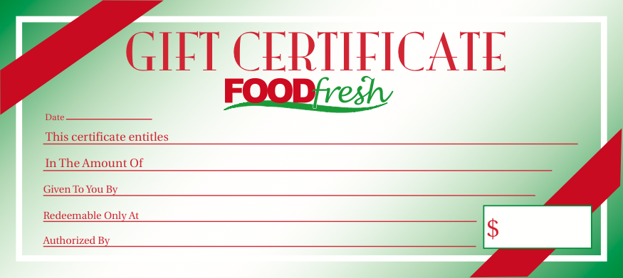 Food Fresh Gift Certificate  25 pieces per pack