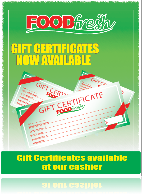 Food Fresh Gift Certificate Floor Stand Stanchion Sign -22"W x 28"H