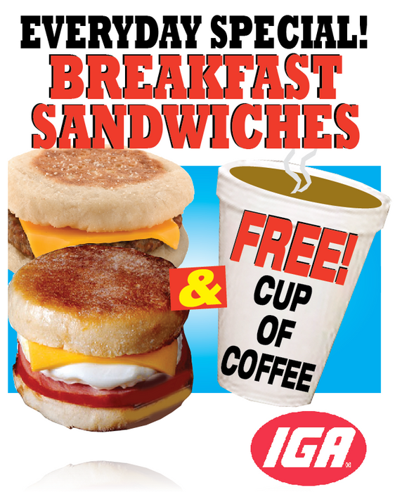 IGA Breakfast Sandwiches Floor Stand Stanchion Sign
