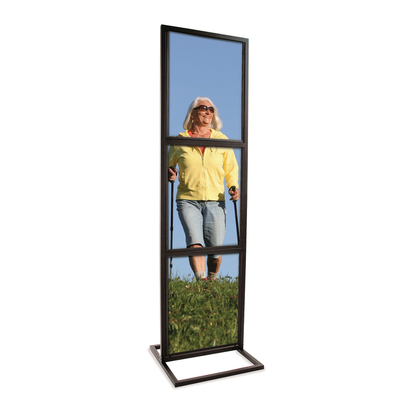 Floor Stand-Stanchion Sign Holder-Black Triple Tier-90"Tall