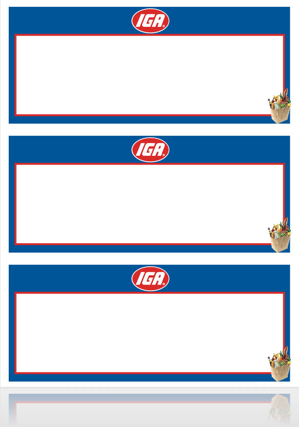 IGA Shelf Signs- Grocery Laser Compatible Shelf Signs- 8.5"W x 11"H- 3 up per sheet-300 signs