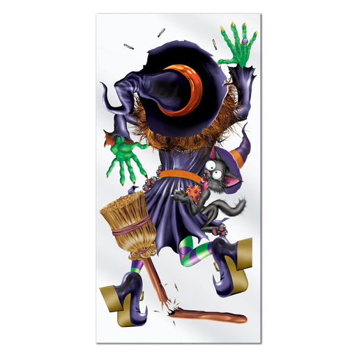 A decorative poly sign featuring a stylized witch with a broom, designed for Halloween season decorations.