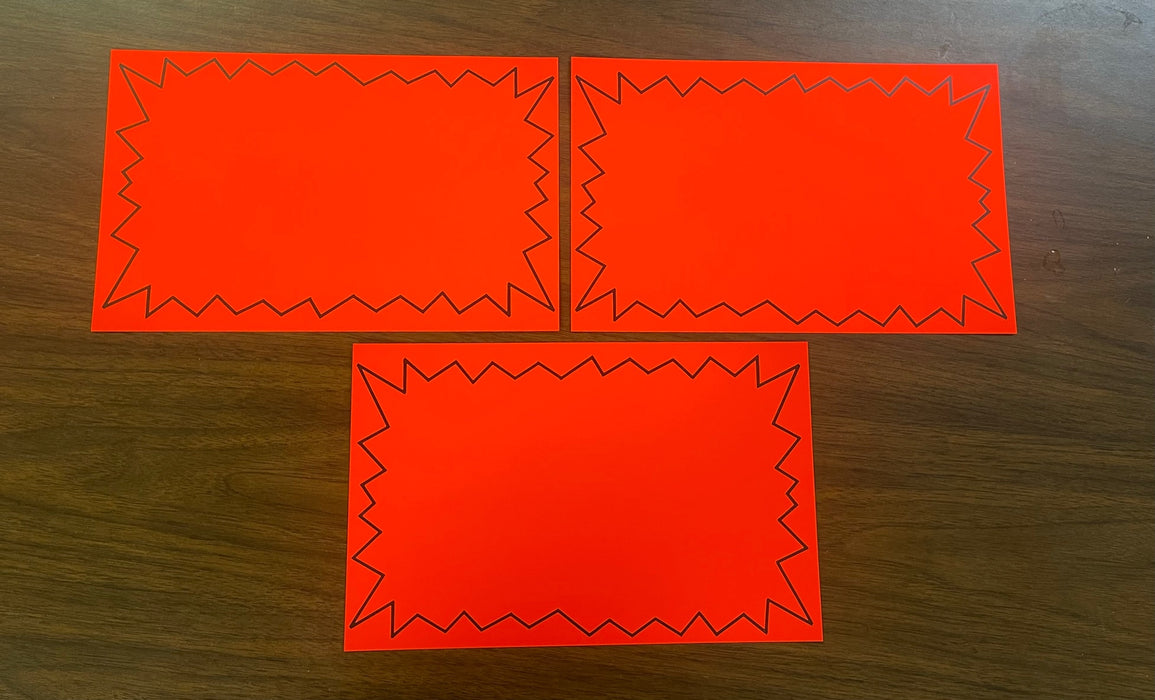 Red-Orange Fluorescent Starburst Shelf Signs- 11"W x 7"H- 100 signs